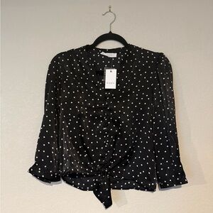 Elodie Black and White Tie Front Ruffled Blouse